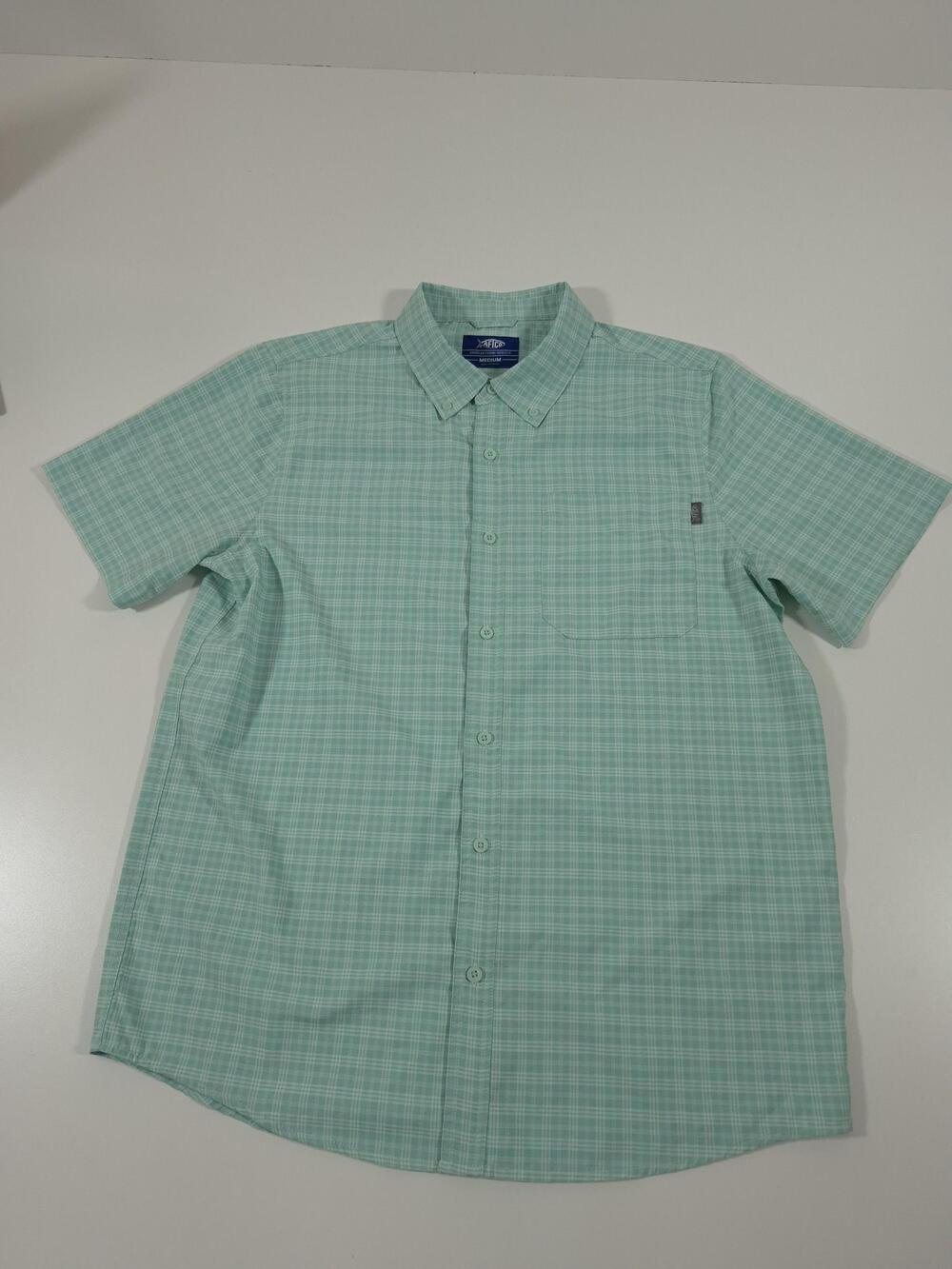 AFTCO Shirt Mens M Green Plaid Short Sleeve Button Up Fishing Casual Polyester